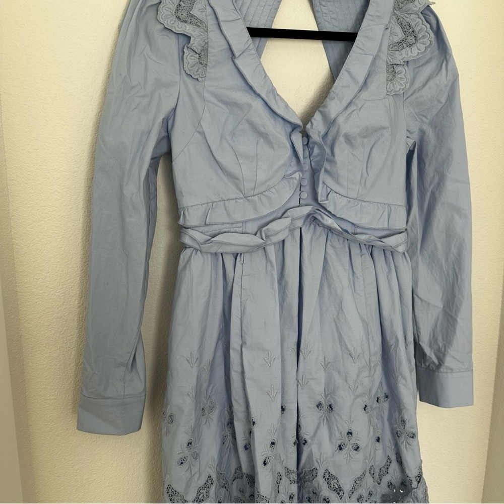 Self-Portrait Cotton Broderie Mini Dress Light Blue Open Back Size 6 Women’s - Picture 7 of 14